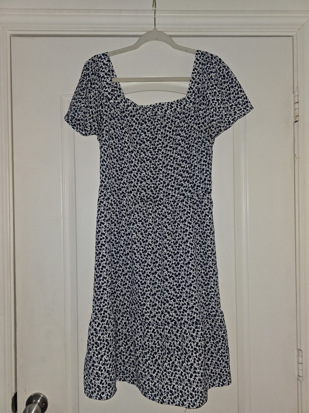 Women’s Navy and White Floral Square-Neck Midi Dress